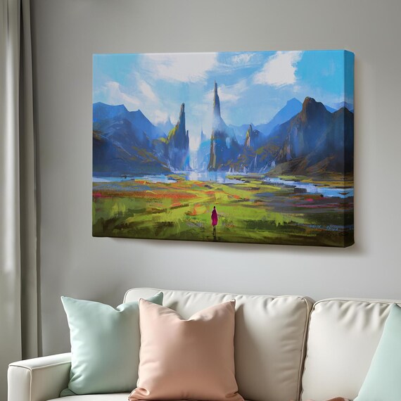 Crimson Cloak Woman Walking Vibrant Fantasy Mountain Valley Poster