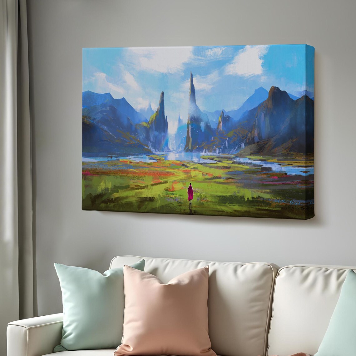 Crimson Cloak Woman Walking Vibrant Fantasy Mountain Valley Poster