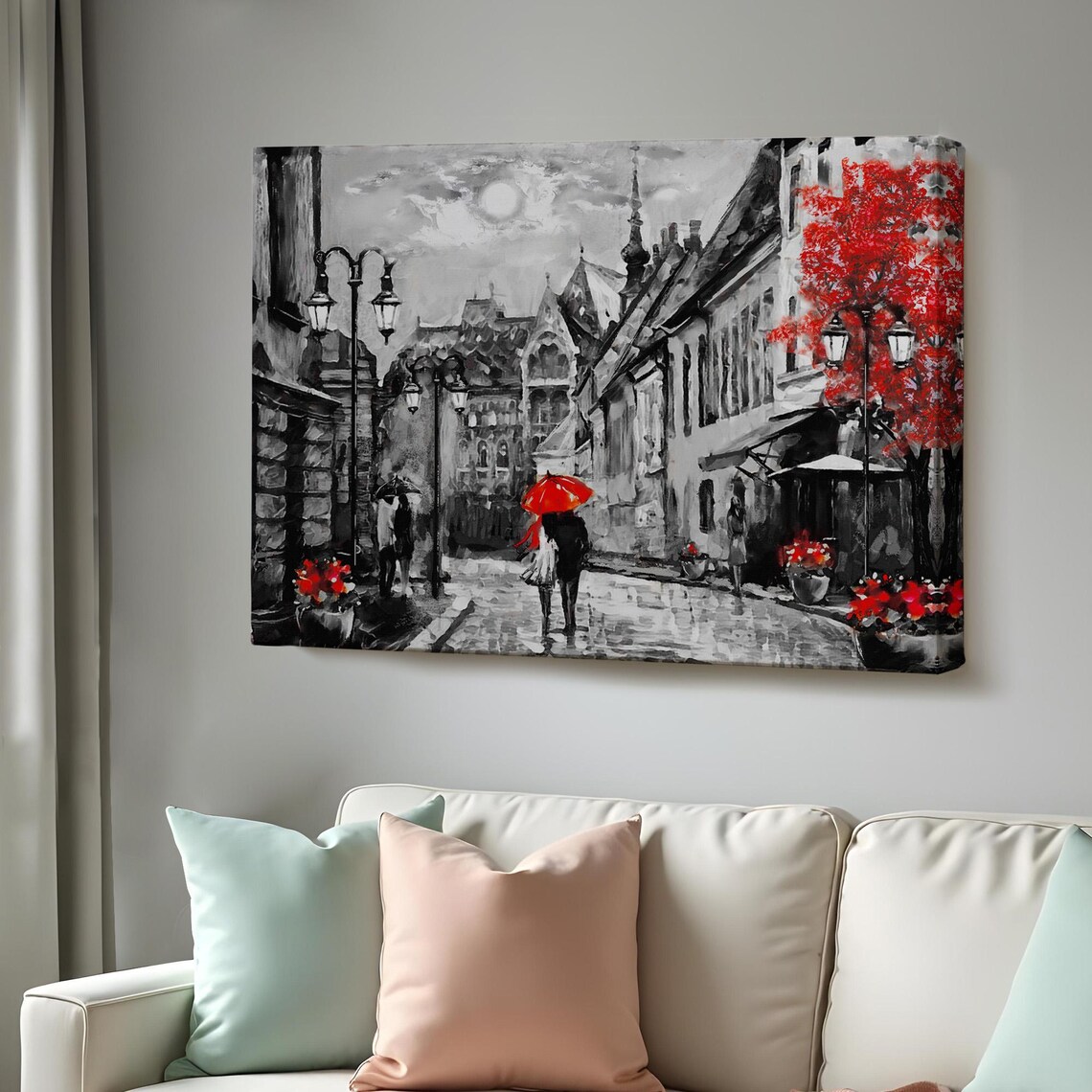 Budapest Old Street Red Umbrella Couple Black White City Poster
