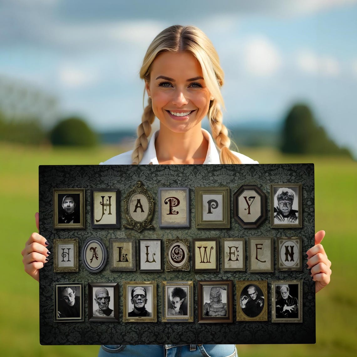 Vintage Happy Halloween Letter Frames Horror Movie Monsters Art Poster - Image 5