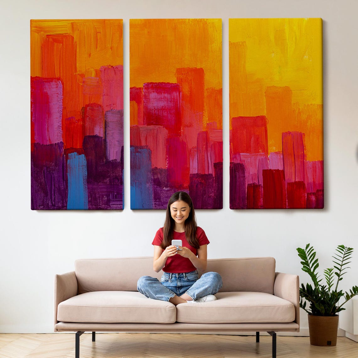 Abstract Magenta City Skyline Orange Sunset Bold Modern Art Print - Image 2