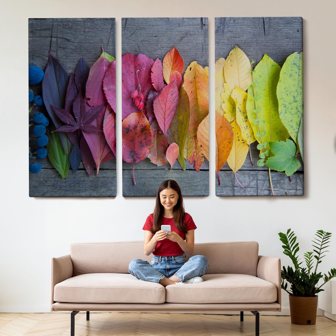 Rainbow Autumn Leaves Gradient Arrangement Rustic Wood Photo Poster - Image 2