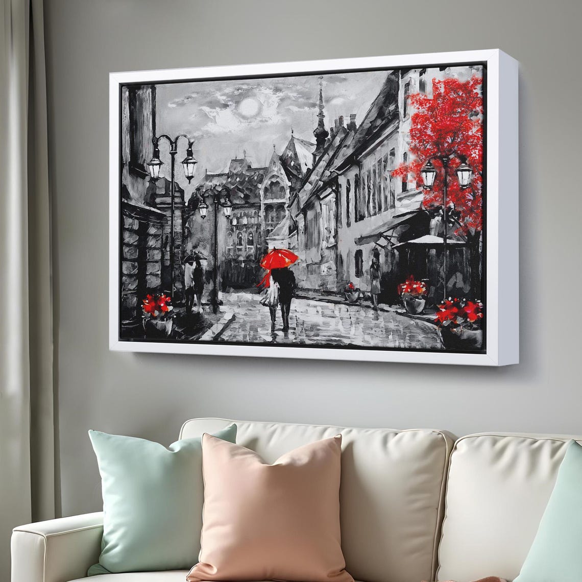 Budapest Old Street Red Umbrella Couple Black White City Poster - Image 3