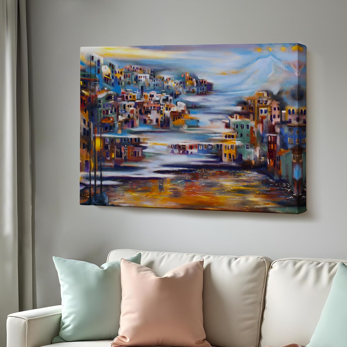 Village At Foot Of Smoking Volcano Impressionist Mountain Town Poster
