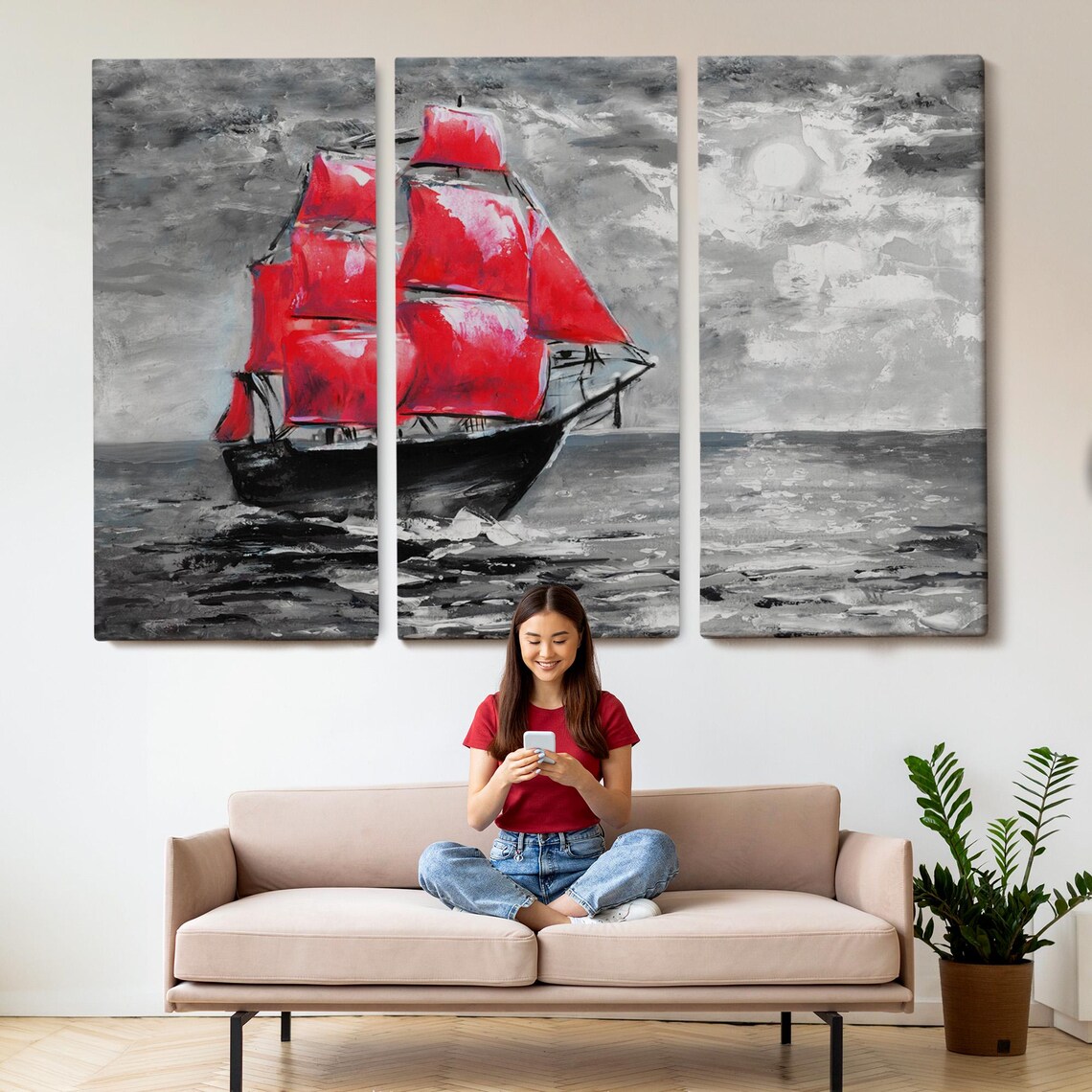 Tall Ship Red Sails Gray Stormy Sea Moonlit Ocean Painting Poster - Image 2