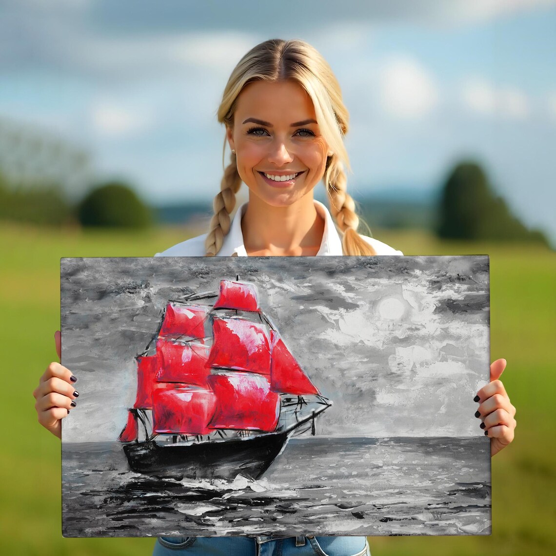 Tall Ship Red Sails Gray Stormy Sea Moonlit Ocean Painting Poster - Image 5