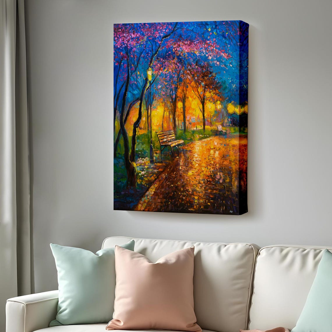 Night Park Glowing Lamplights Path Colorful Trees Painting Poster