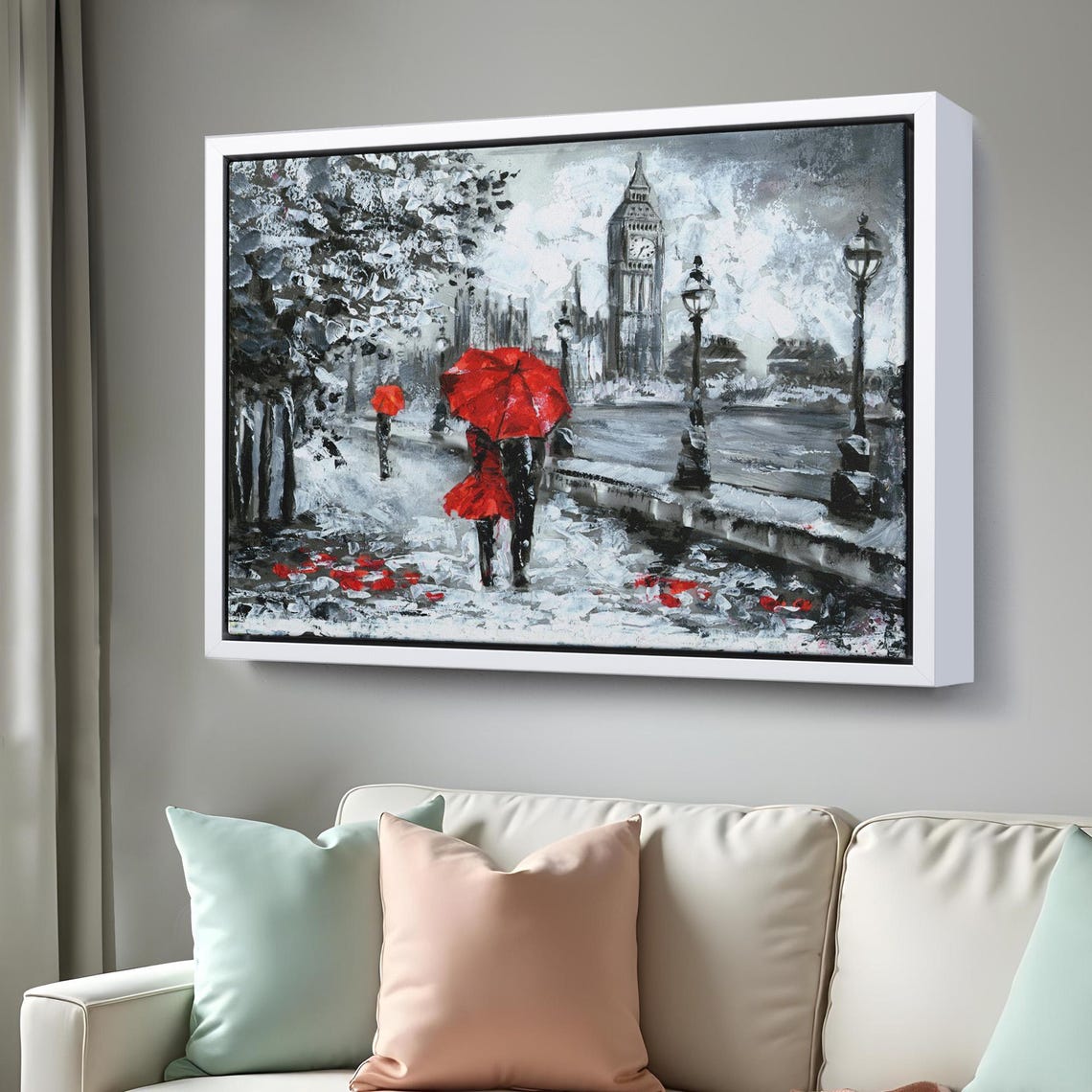 London Big Ben Red Umbrella Rainy Street Black White Red Art Poster - Image 3