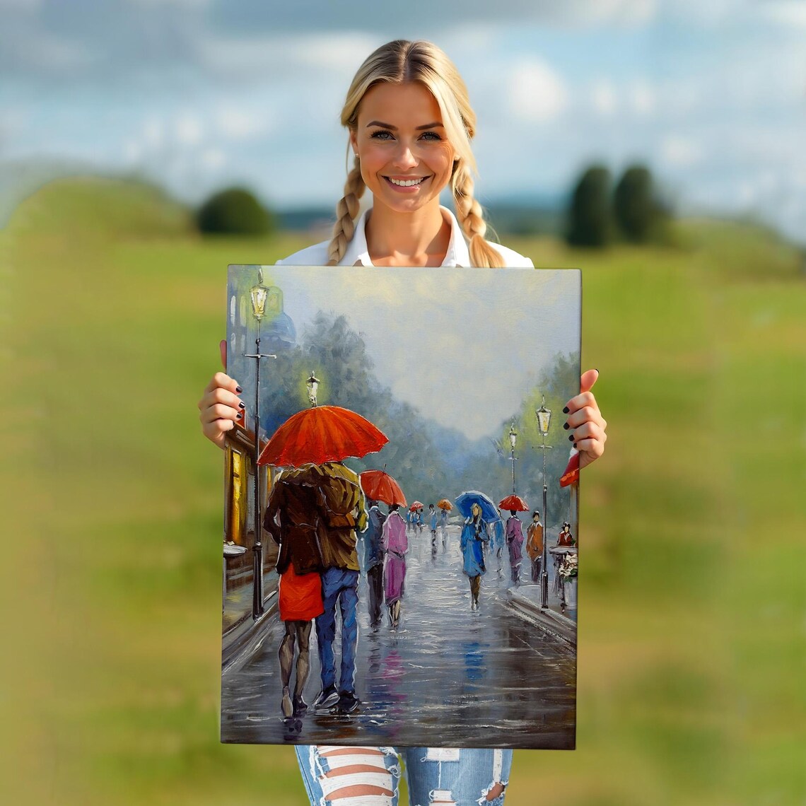 Romantic Couple Under Red Umbrella Rainy Paris Street Painting Poster - Image 5
