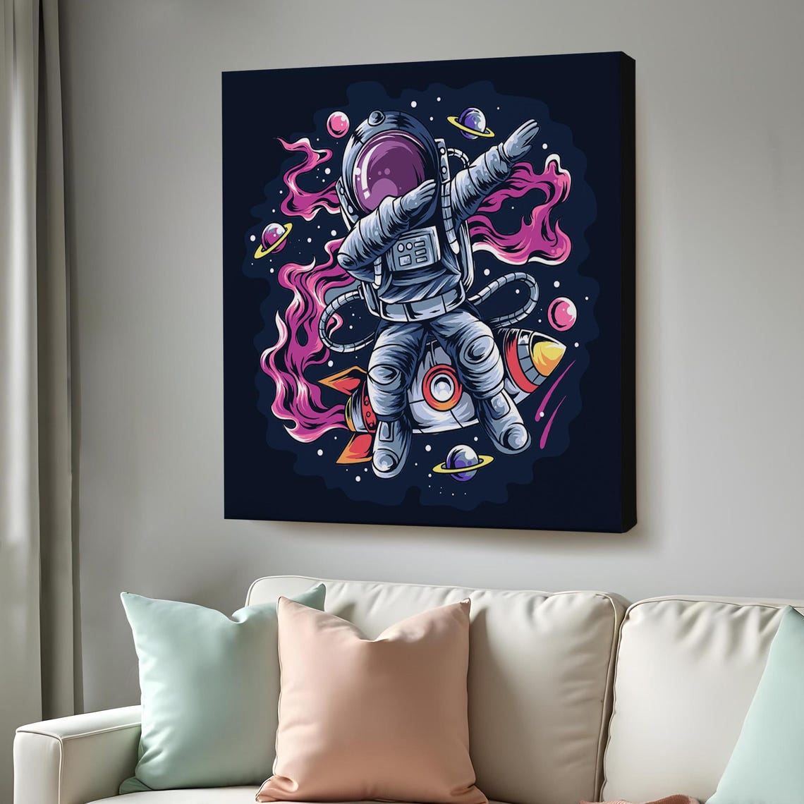 Dabbing Astronaut Riding Rocket Past Planets Space Illustration Poster