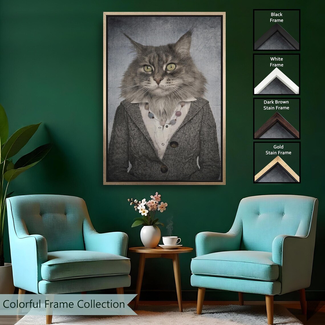 Funny Cat Headed Woman Portrait Painting Whimsical Animal Art Print Poster - Image 2
