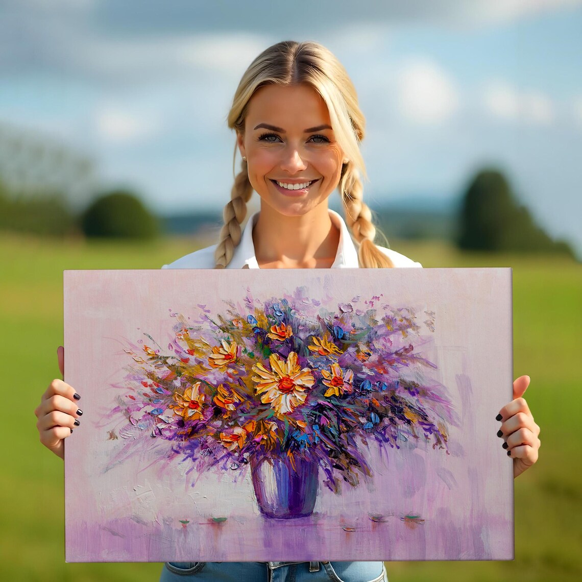 Colorful Wildflowers Blue Vase Purple Background Oil Painting Wall Art - Image 5