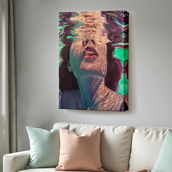 Underwater Woman Swimming Up To Rippling Light Teal Painterly Ocean Poster