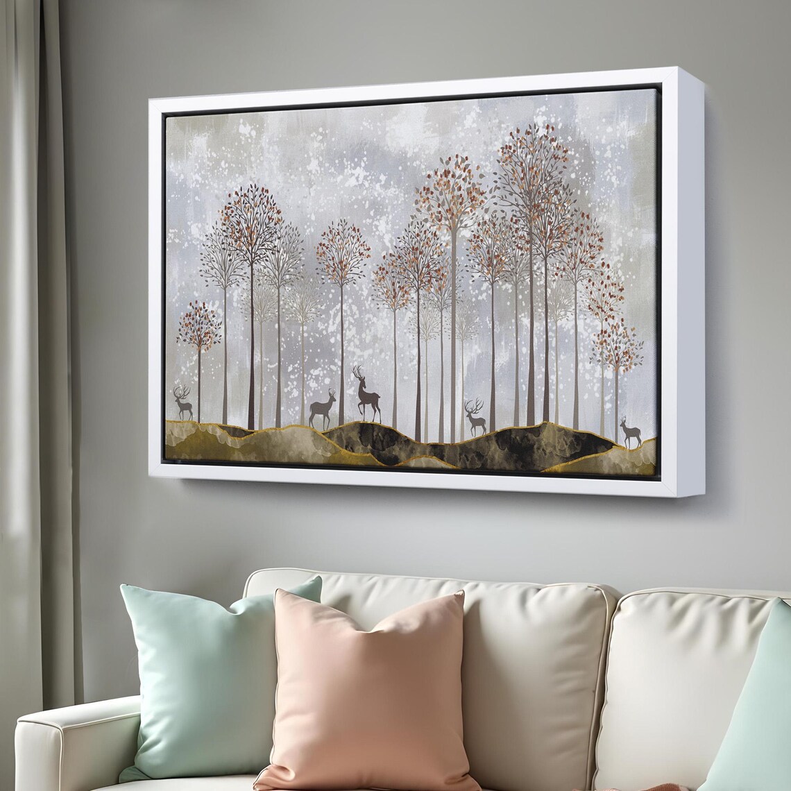 Deer Silhouettes Slender Trees Neutral Tones Modern Wildlife Wall Art Print - Image 3