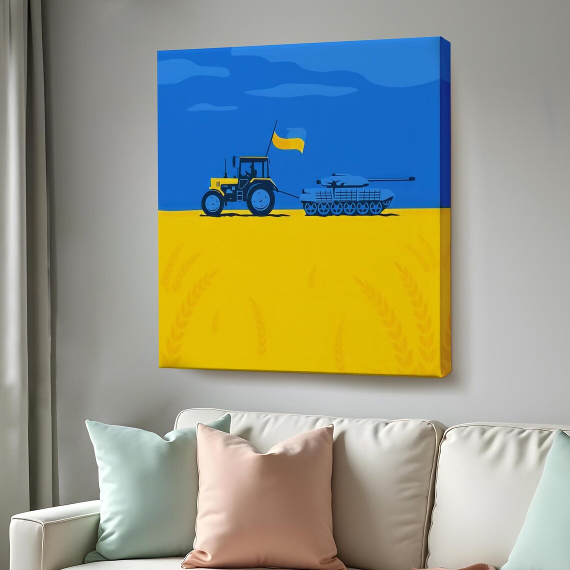 Ukrainian Tractor Towing Tank Patriotic Blue Yellow Art Poster