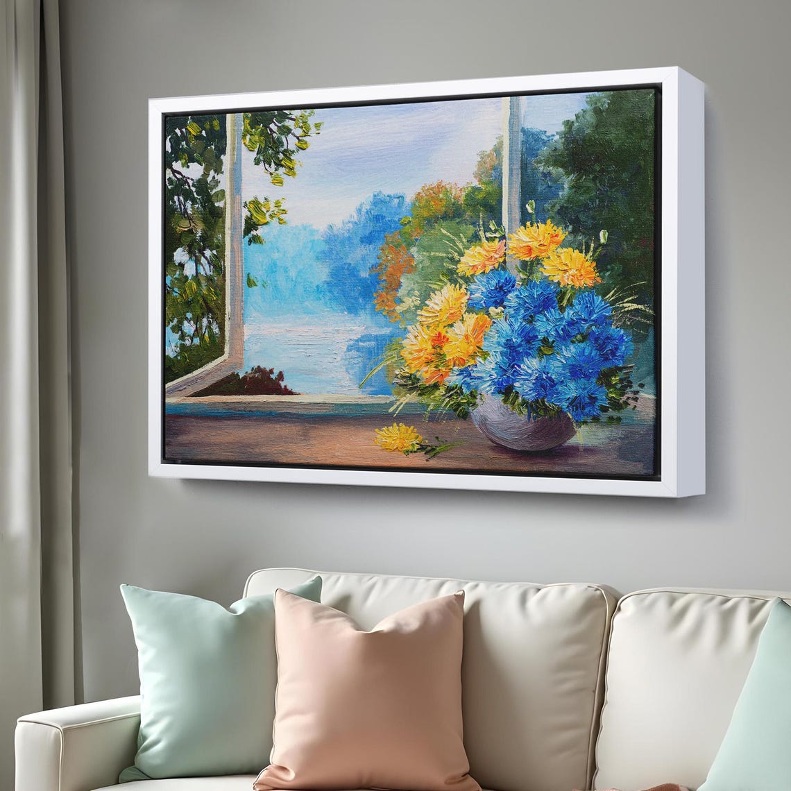 Flower Bouquet Blue Yellow Blossoms Window Sill Oil Painting Poster - Image 3