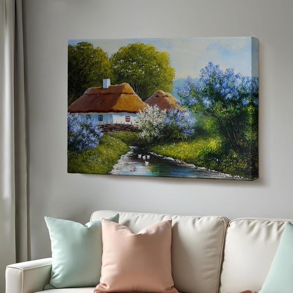 Cottage By The River Oil Painting Style Decorative Wall Art Nature Print Nature Wall Decor Nature Decor
