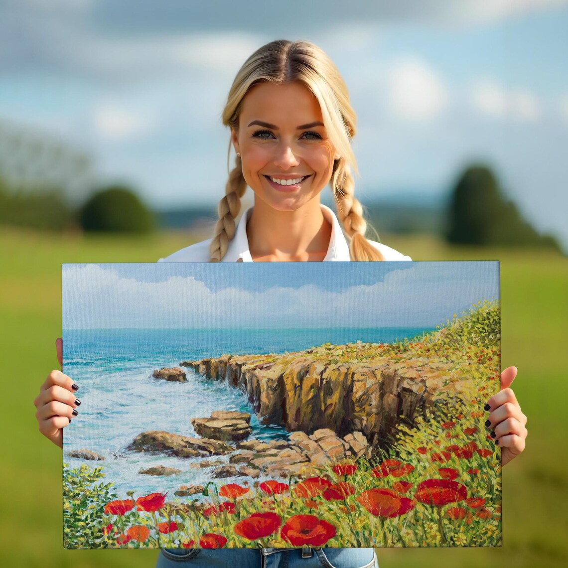 Rocky Coastal Cliffs Red Poppies Turquoise Sea Oil Painting Poster - Image 5