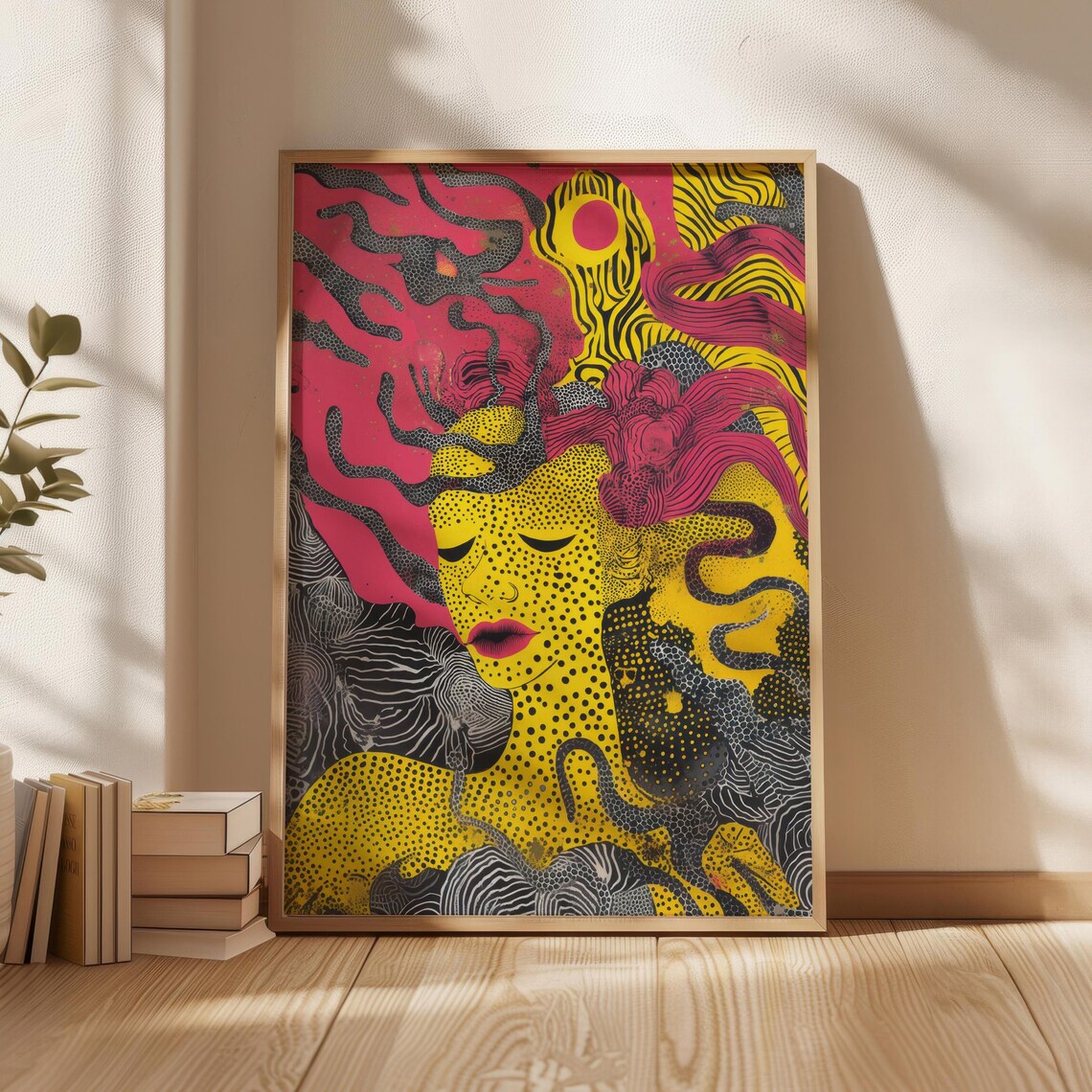 Psychedelic Pop Art Woman Face Bold Dots Red Yellow Black Art Poster