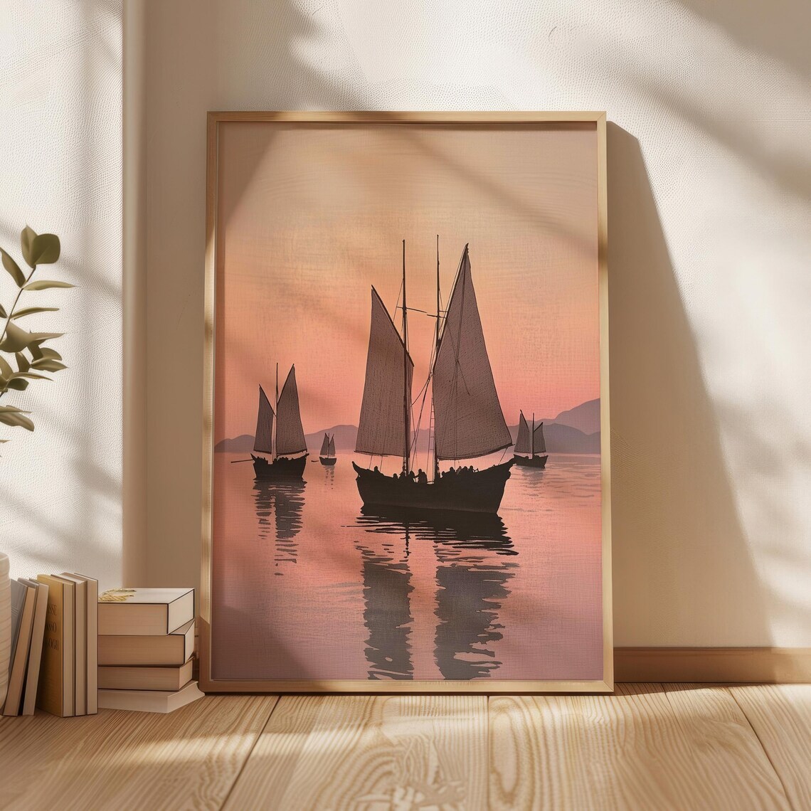 Ukiyoe Style Sailboats at Shinagawa Japanese Sunset Art Poster