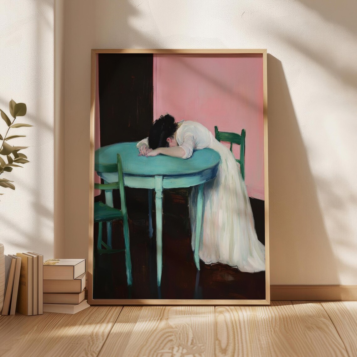 Oil Paint Art Blue Table Poster Renaissance Style Design Prints Home Decoration Newhome Gift White Dressed Lady