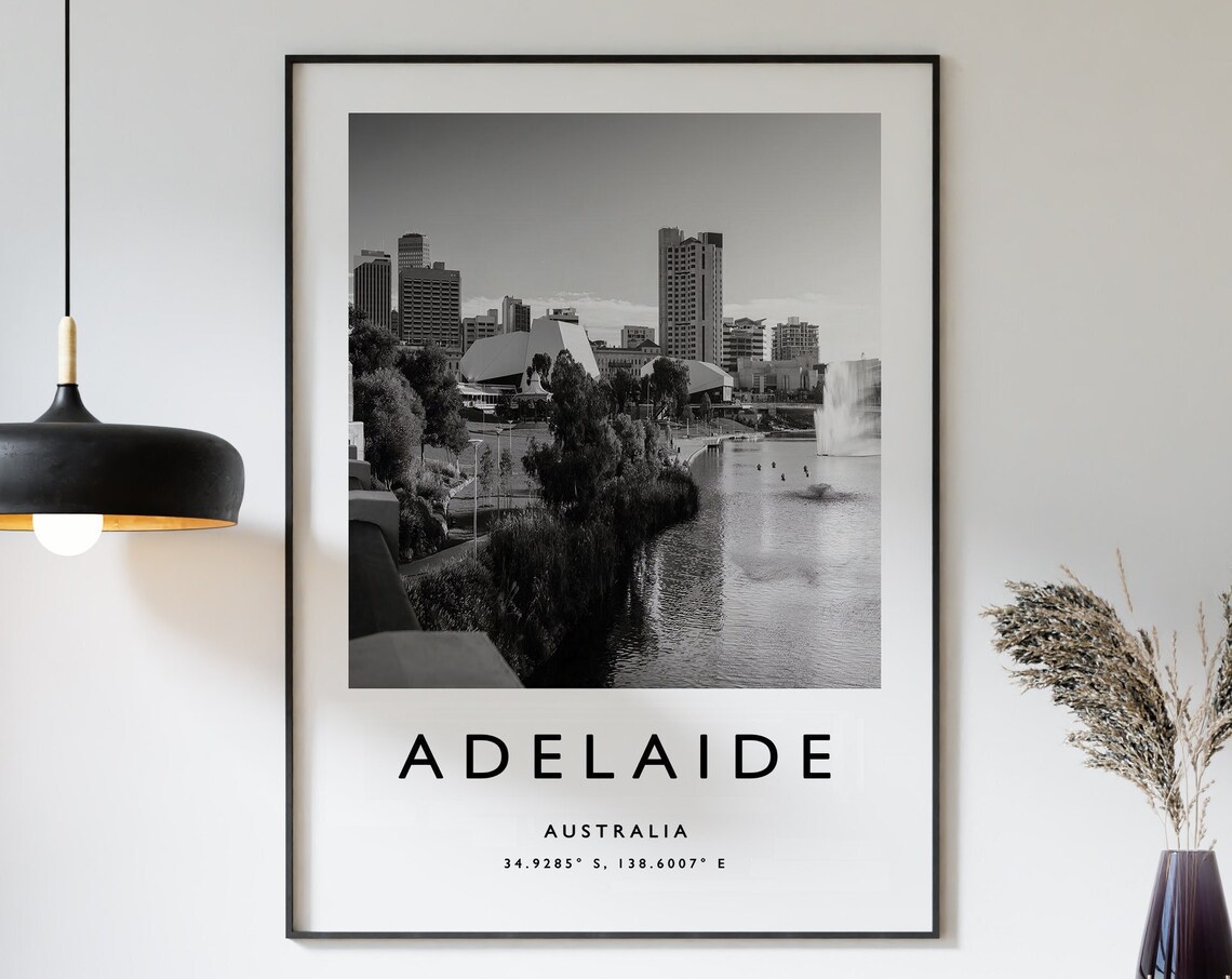 Adelaide Australia Black and White City Skyline Photo Poster