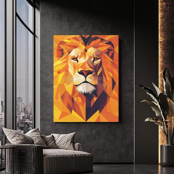 Geometric Lion Canvas Art Abstract Jungle King Poster Bold Wall Print Fierce Animal Artwork Polygon Decor Modern Safari
