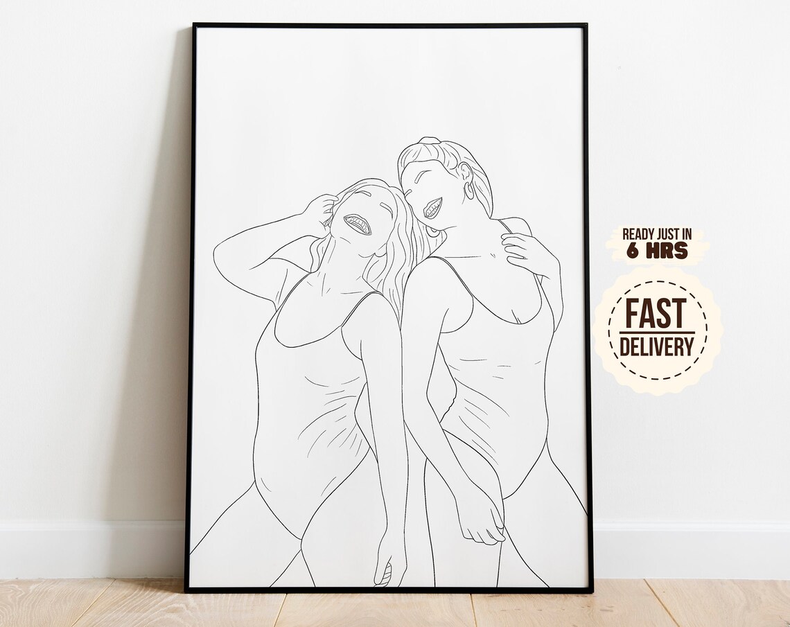 Custom Minimalist Line Drawing Two Women Swimsuits Friends Print