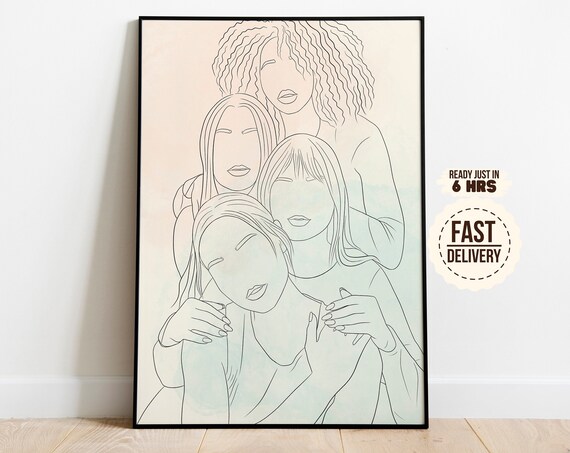Custom One Line Drawing Four Friends Portrait Art Keepsake Print