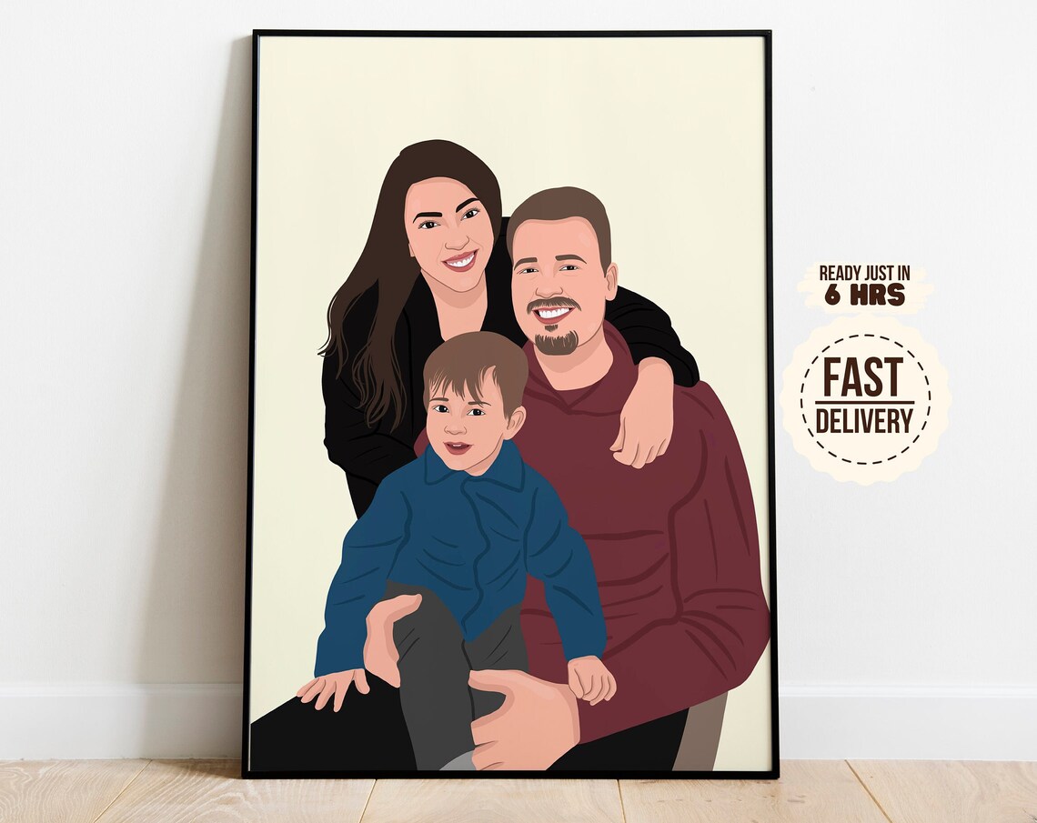 Custom Family Portrait Mom Dad Son Smiling Art Smiling Mom Dad Son Print