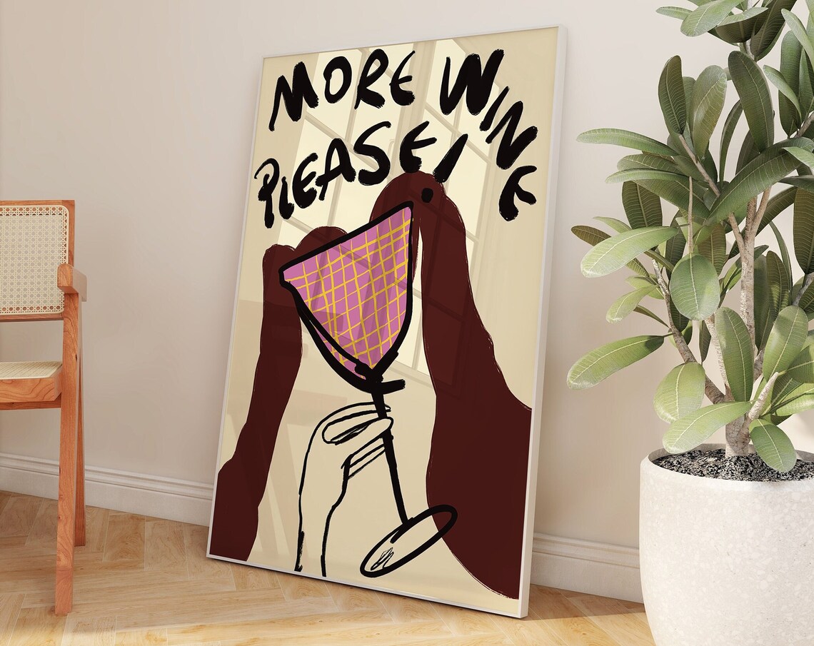 More Wine Please Hand Lettered Fun Wine Glass Bar Cart Poster - Image 2