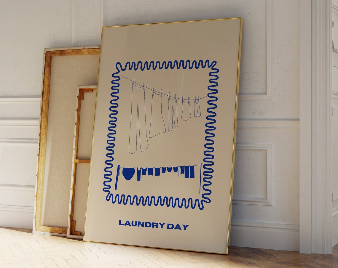 Laundry Day Blue Line Drawing Clothesline Wavy Border Poster