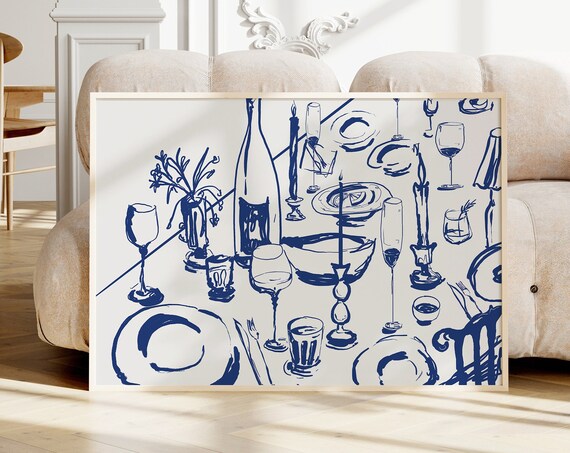 Blue Ink Dinner Table Sketch Wine Candles Wide Kitchen Poster