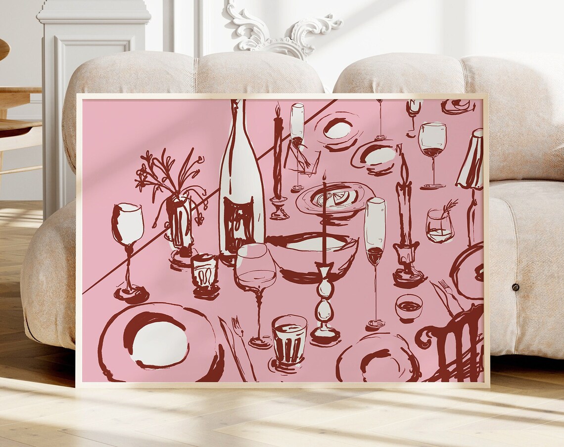 Pink Wine and Cheese Dinner Table Horizontal Illustration Poster