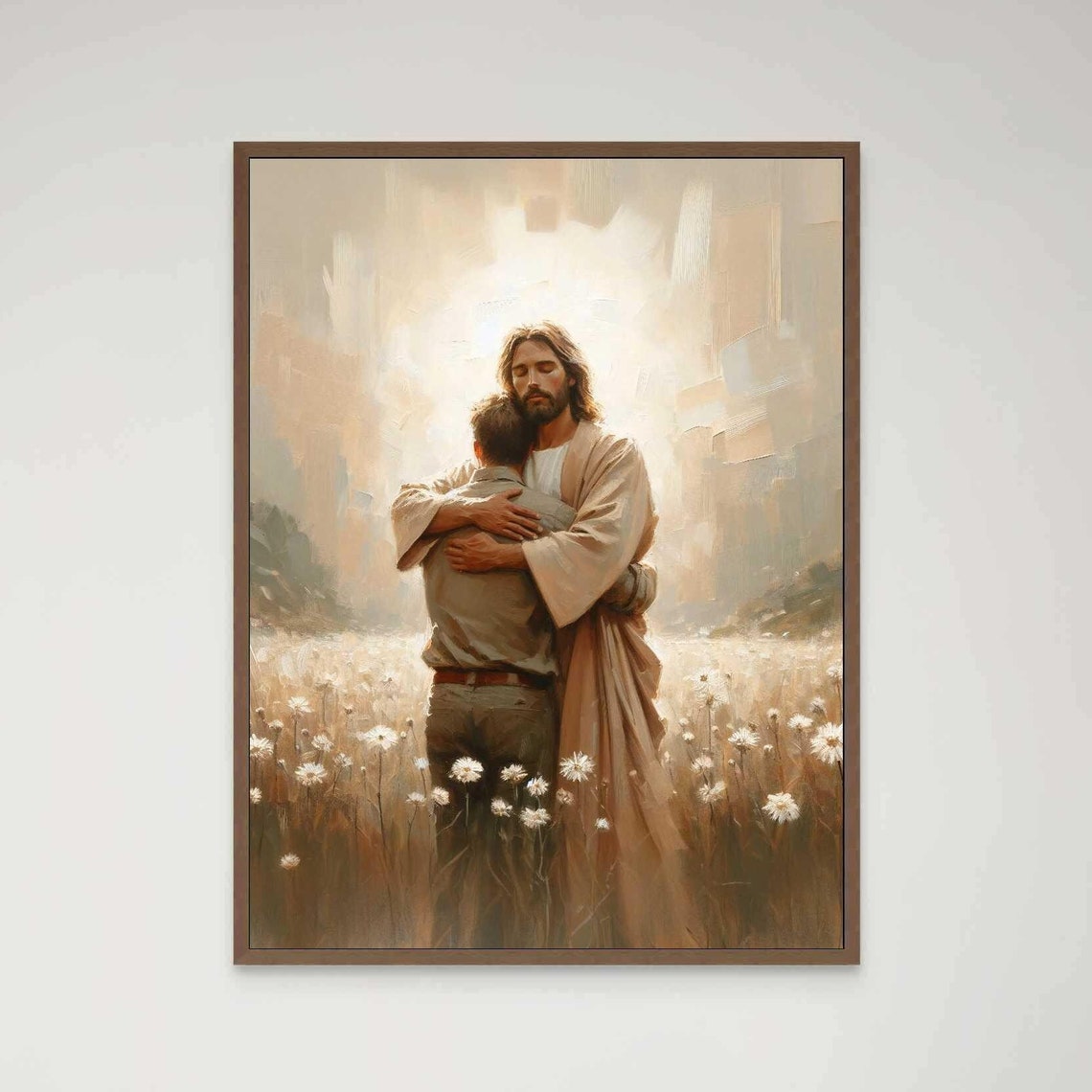 Jesus Embracing Man In Daisy Field Under Radiant Heavenly Light Poster