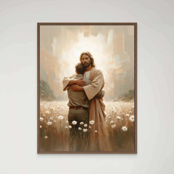 Jesus Embracing Man In Daisy Field Under Radiant Heavenly Light Poster
