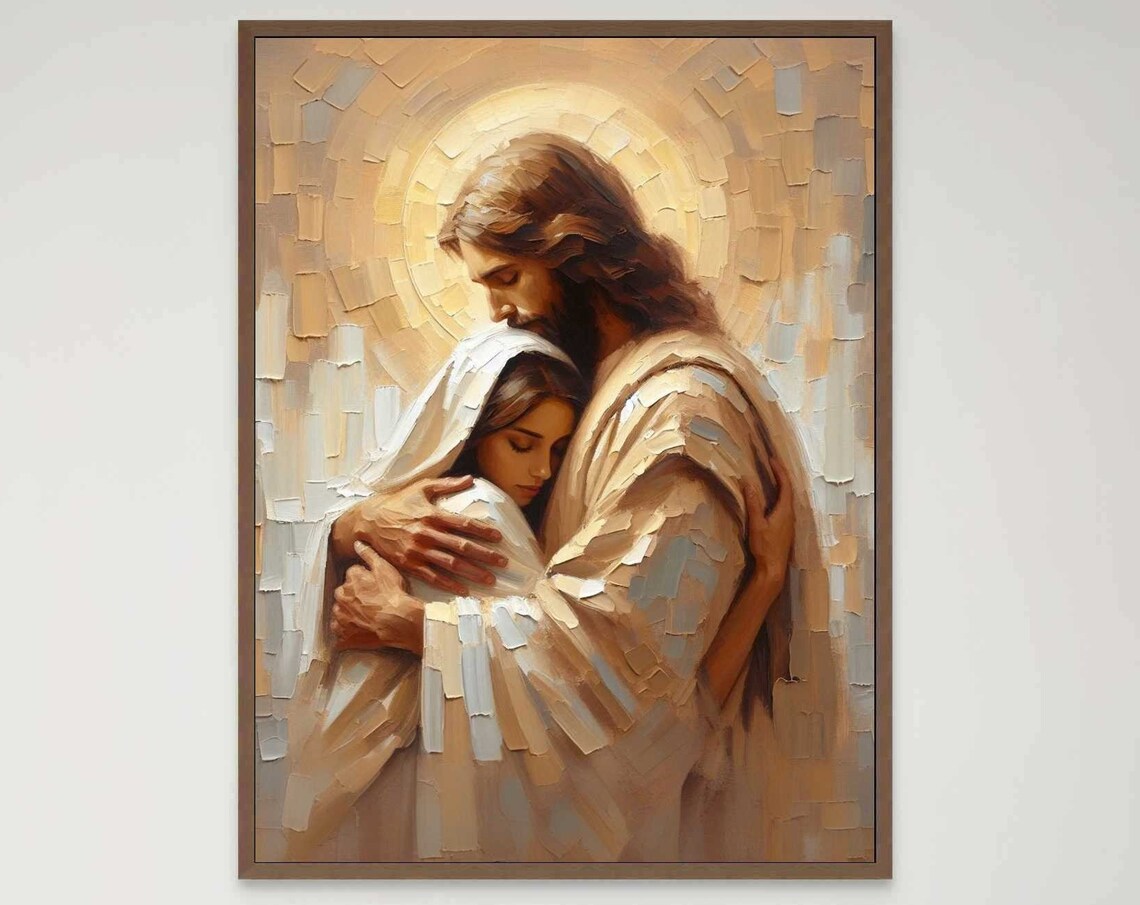 Jesus Embracing Veiled Woman Beneath Golden Mosaic Halo Art Poster