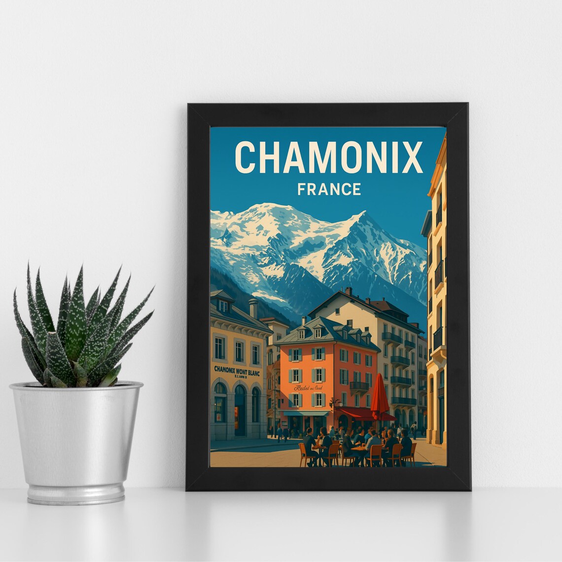 Chamonix France Mont Blanc Alpine Cafe Vintage Travel Poster