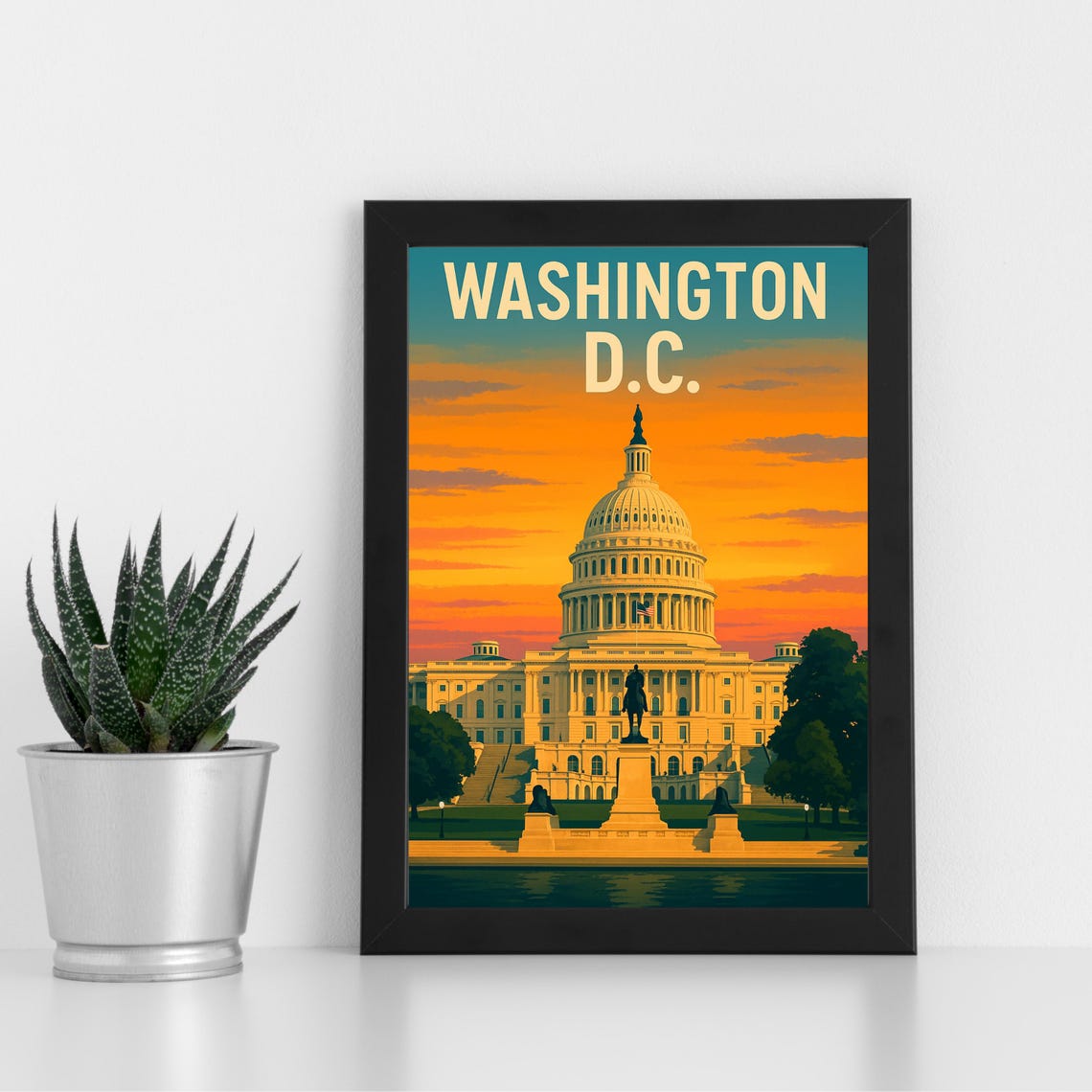 Washington DC US Capitol Sunset Landmark Retro Travel Poster