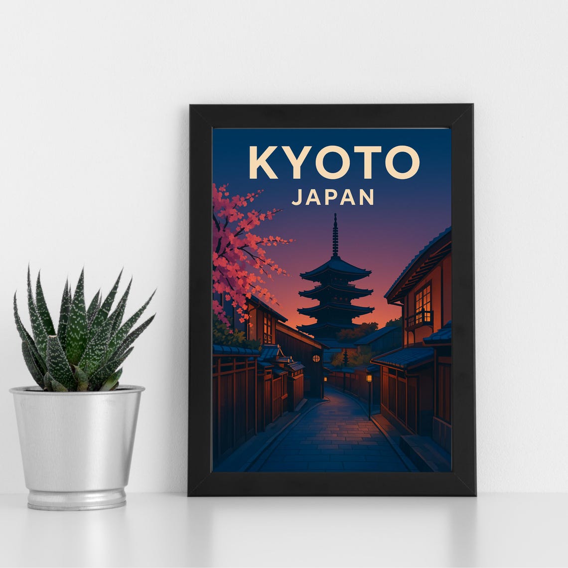 Kyoto Japan Dusk Alley Pagoda Cherry Blossom Night Art Poster