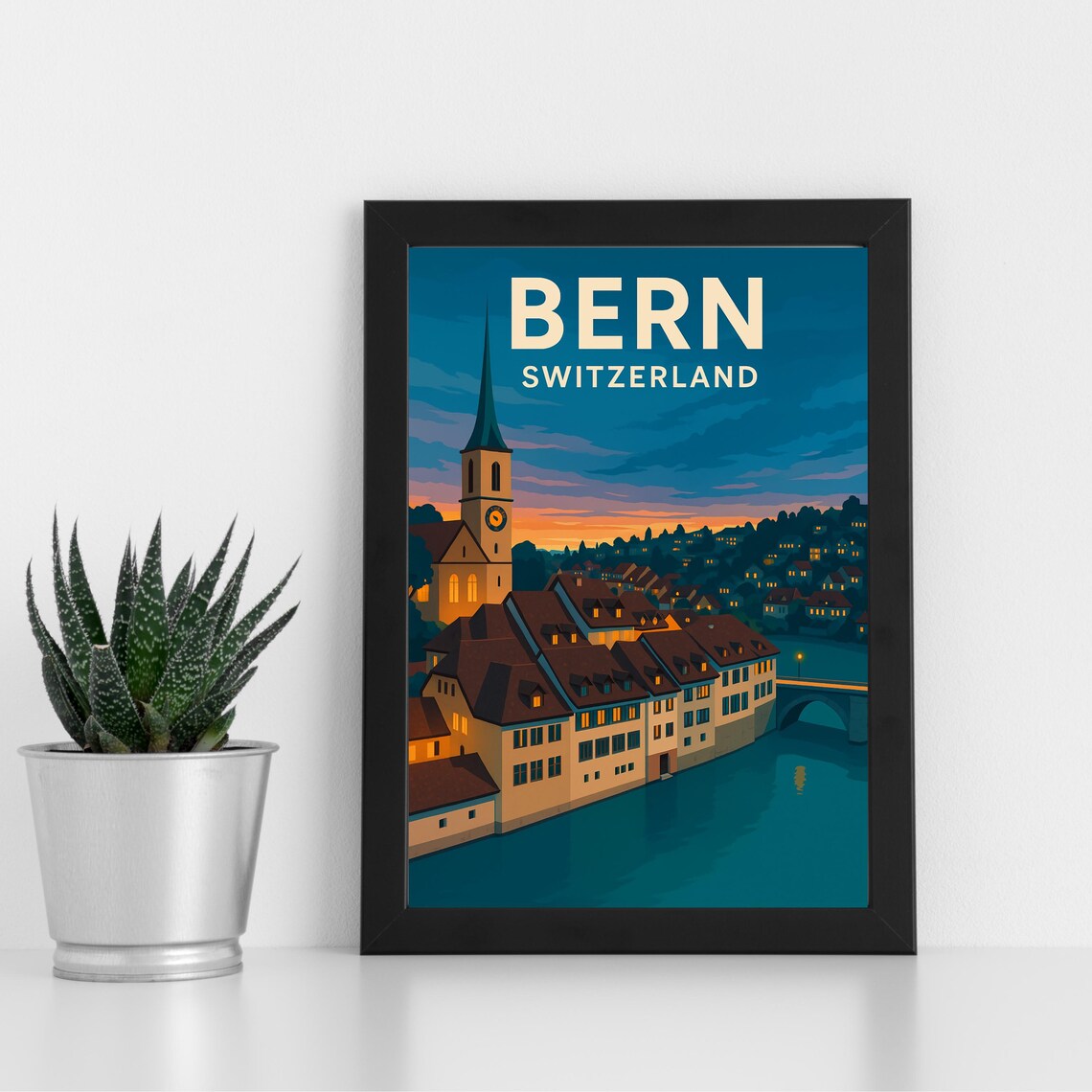 Bern Switzerland Old Town Riverside Evening Vintage Travel Poster