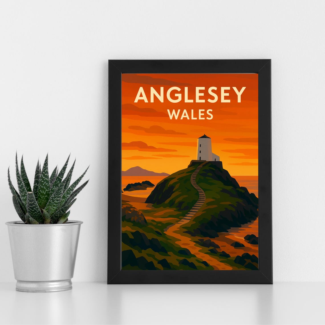 Anglesey Wales Rocky Lighthouse Sunset Vintage Travel Poster