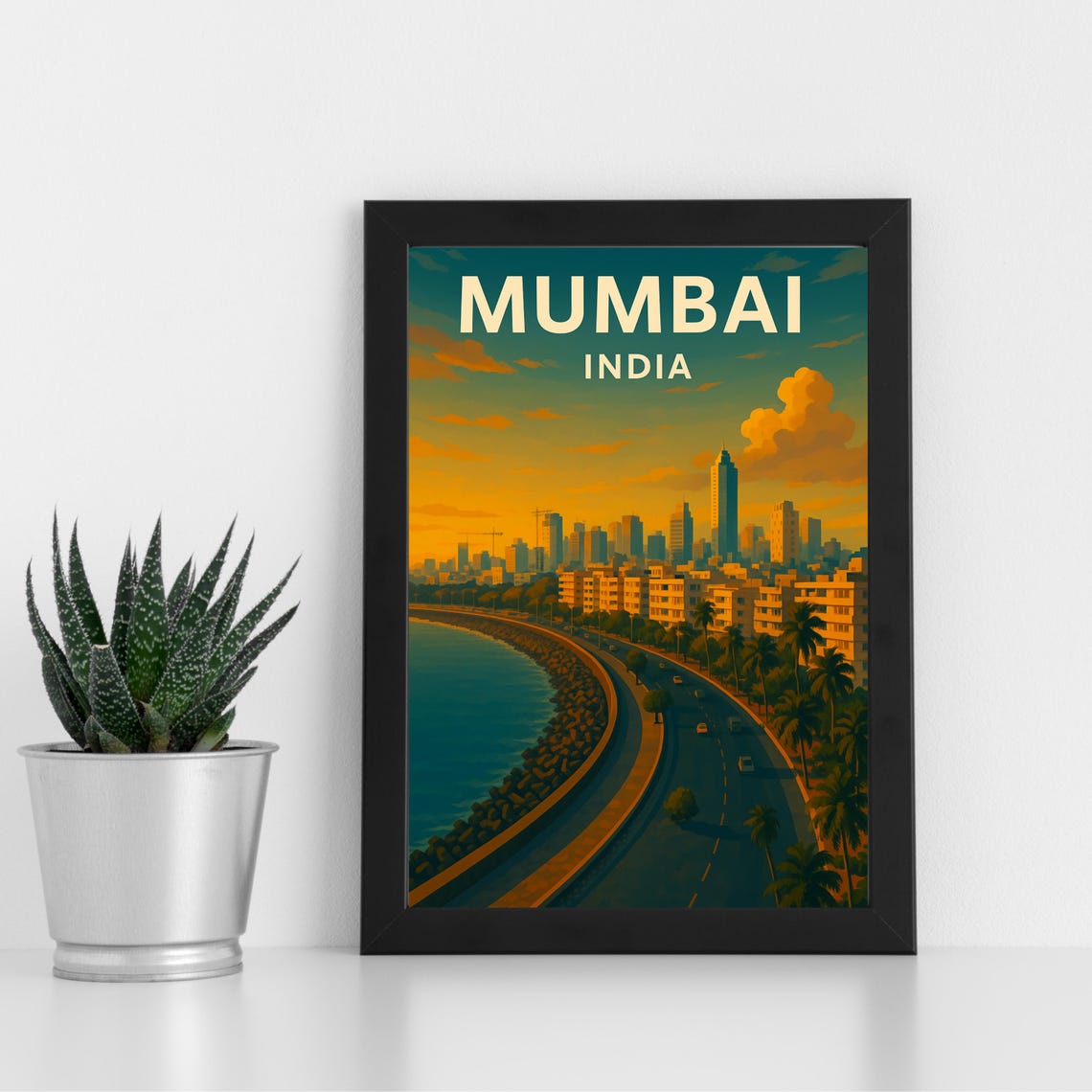 Mumbai India Marine Drive Sunset Skyline Travel Art Poster Decor