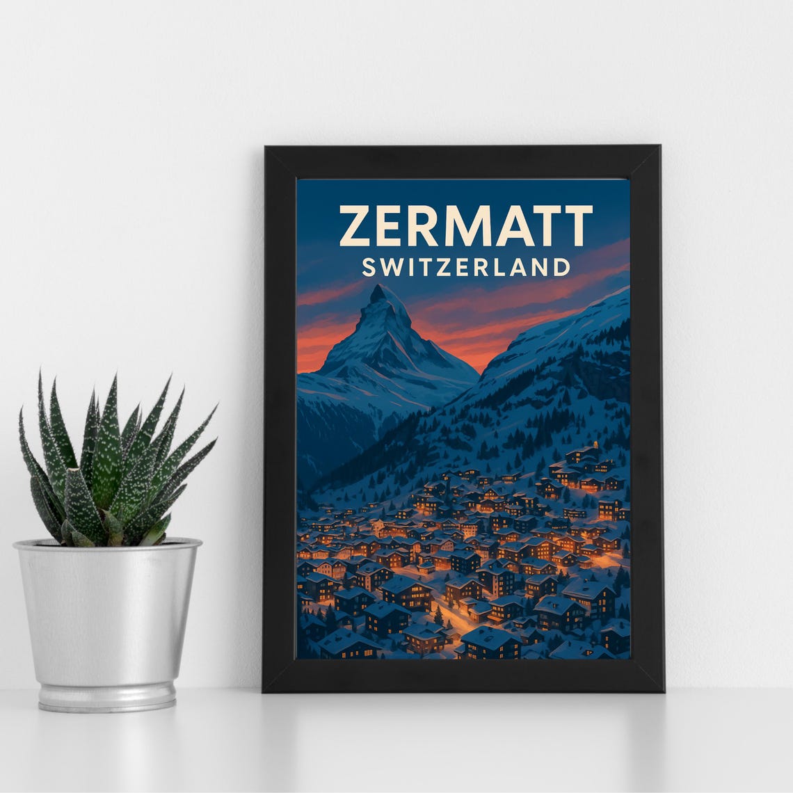 Zermatt Switzerland Village Lights Sunset Mountain Travel Poster