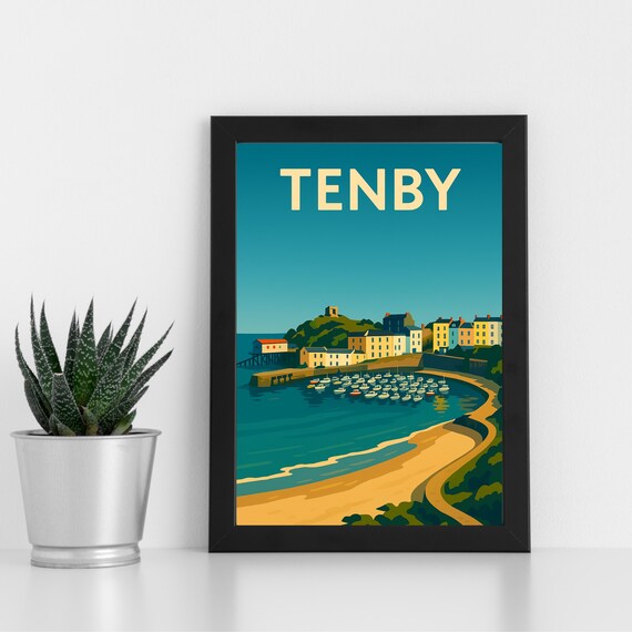 Tenby Pembrokeshire Harbor Retro Welsh Coastal Travel Poster