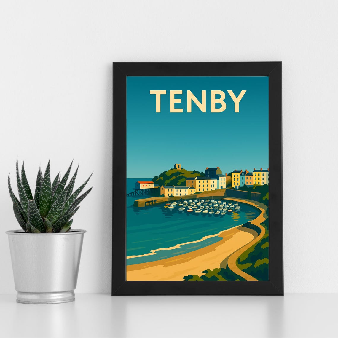 Tenby Pembrokeshire Harbor Retro Welsh Coastal Travel Poster