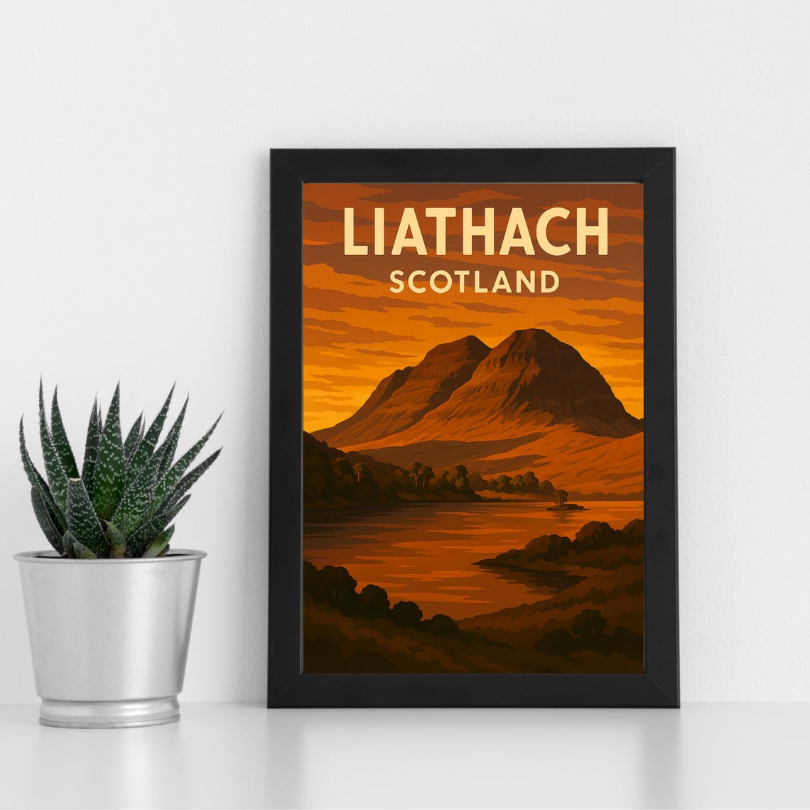 Liathach Scotland Mountain Sunset Over Water Retro Travel Poster