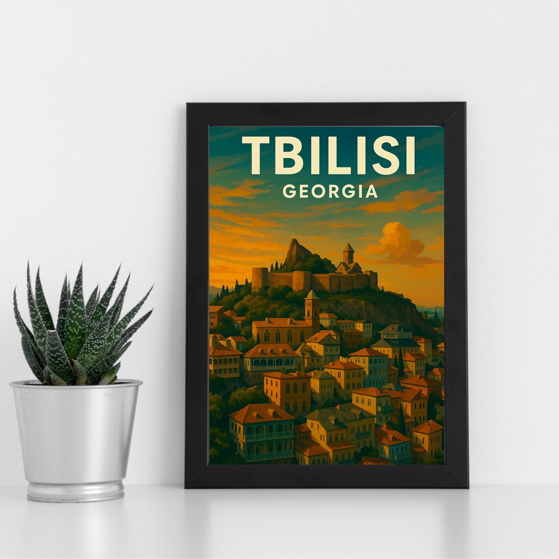 Tbilisi Georgia Narikala Fortress Sunset Vintage Travel Poster