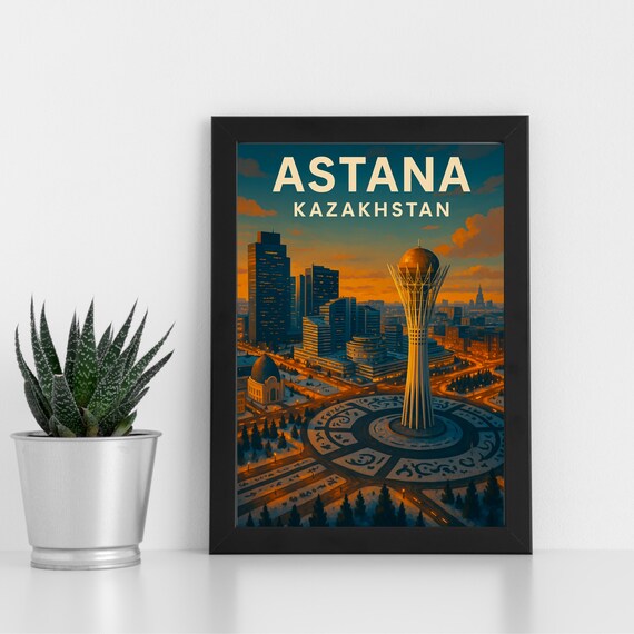 Astana Kazakhstan Bayterek Tower Golden Dusk Skyline City Art Poster