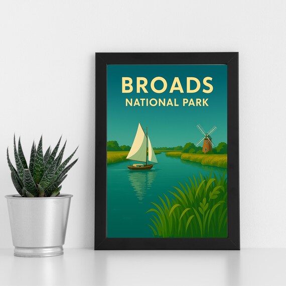Broads National Park England Sailboat Windmill Vintage Poster